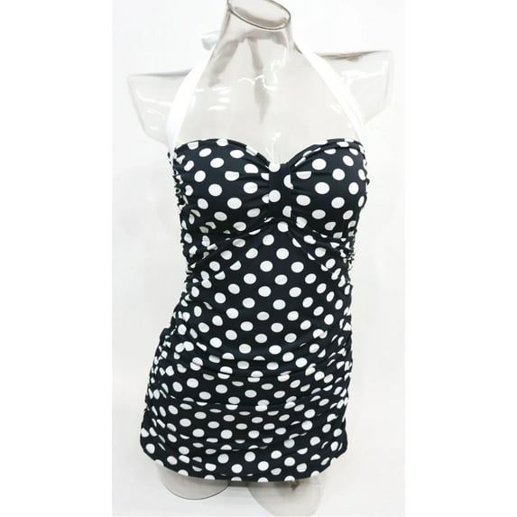 Chaps Black Polka Dot Halter Neck Slimming Fit Skirted One-Piece Swimsuit Women's 10