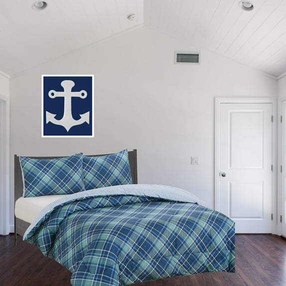 Chaps Boys Comforter Set 2-Piece Reversible Microfiber Kids Plaid Bedding - Blue/Green - Size Twin