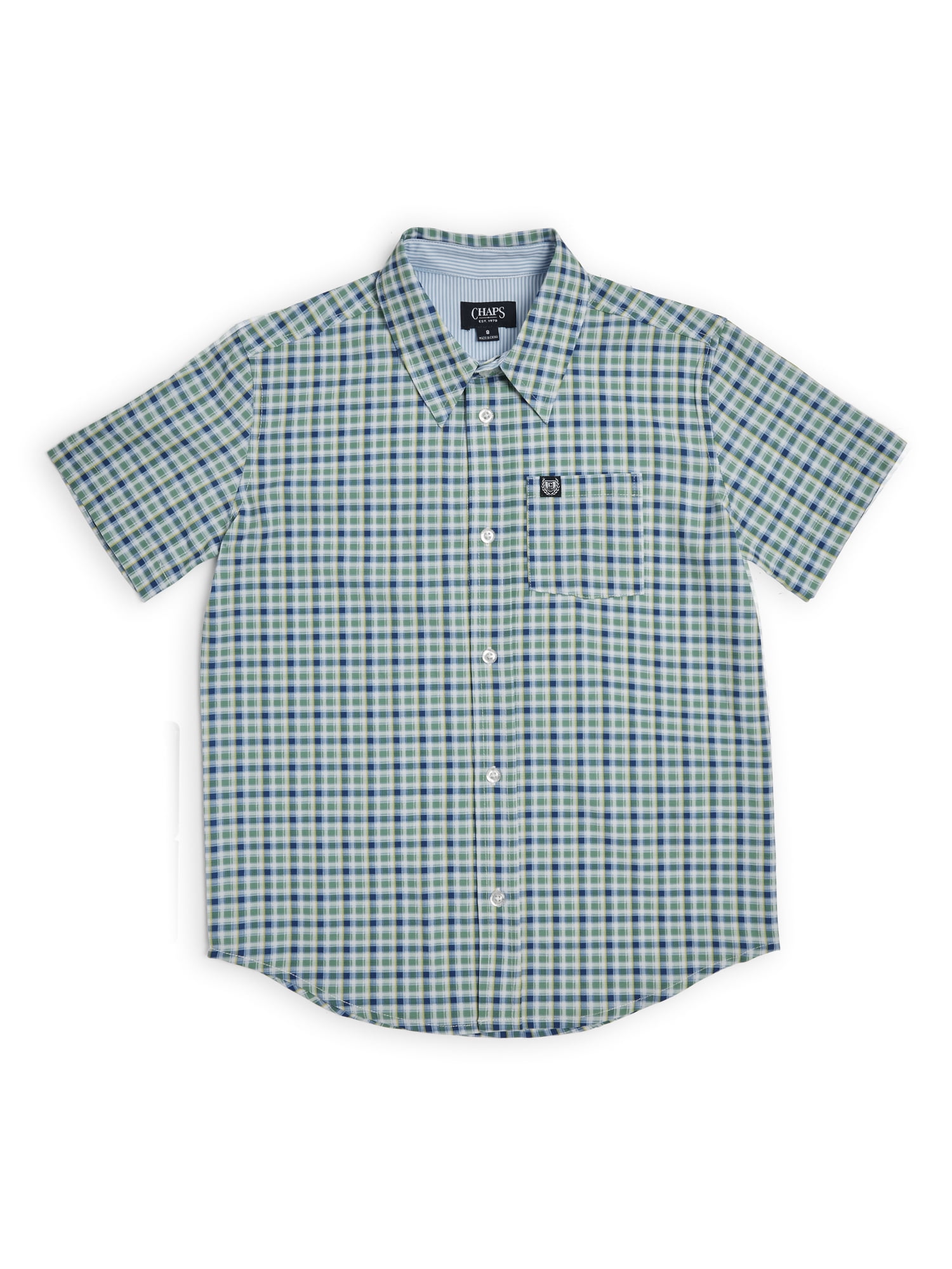 Chaps Boys Stain and Wrinkle Resistant Printed Button Down Shirt with UPF 50, Sizes 4-18