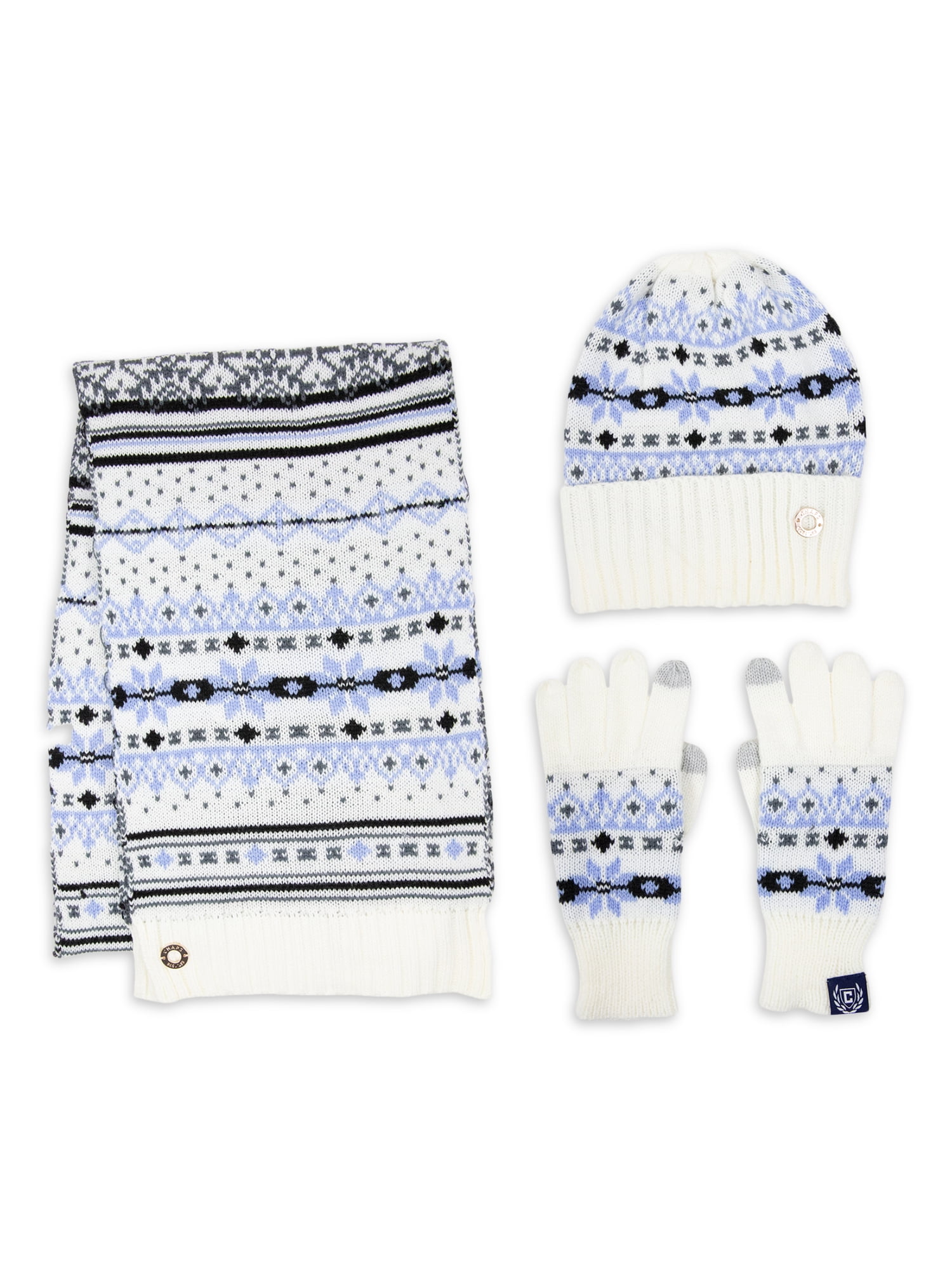 Chaps Brand Women\'s Fairisle Knit 3 Piece Scarf, Beanie Style Hat and Glove  Set, Adult | Beanies