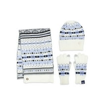 Chaps Brand Womens Fairisle Knit 3 Piece Scarf, Beanie Style Hat and Glove Set