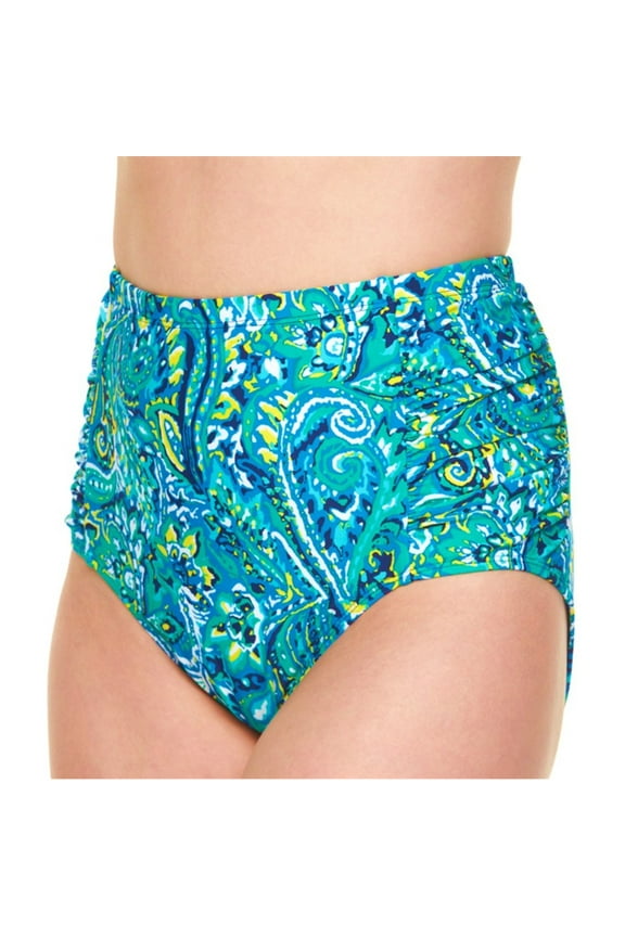 High Waist Ruched Side Paisley Swim Bottom, Women's Plus Size