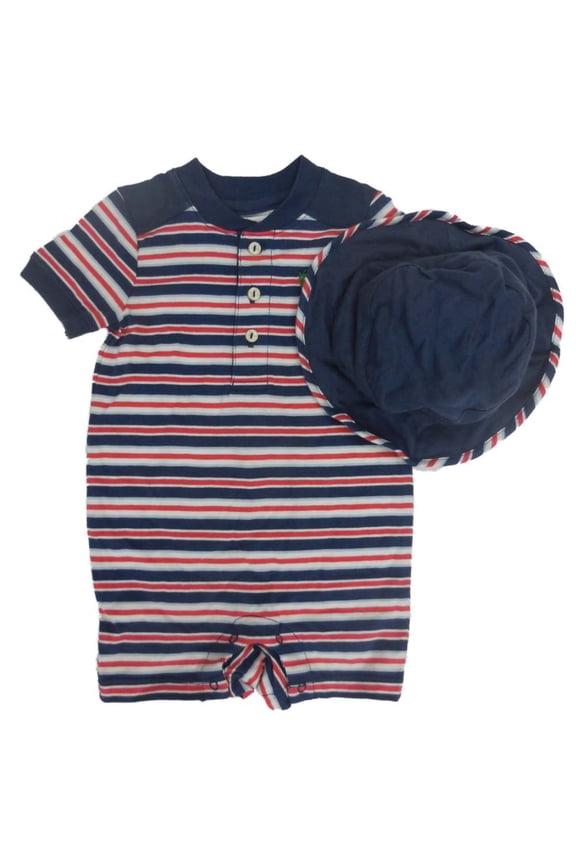 Infant Boys Blue Striped Romper Bucket Hat Newborn