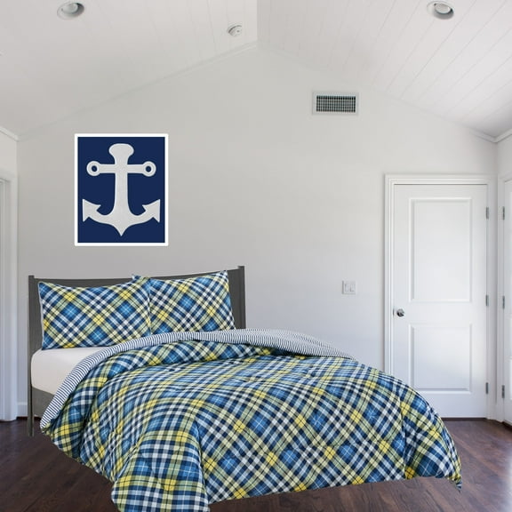 Chaps Kids 3-Piece Reversible Microfiber Comforter and Sham Bedding Set - Diagonal Plaid - Blue/Yellow - Size Full