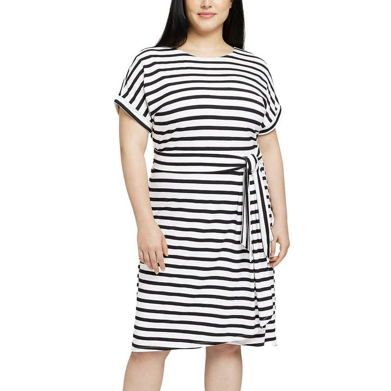 Chaps Ladies Crewneck Knit Dress Black White Stripe Large