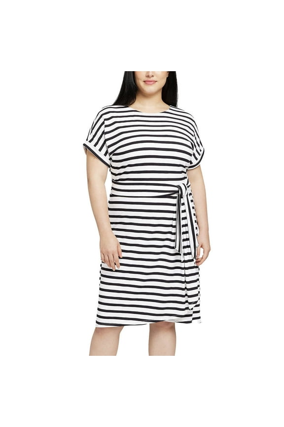 Ladies' Crewneck Knit Dress, Black White Stripe Large