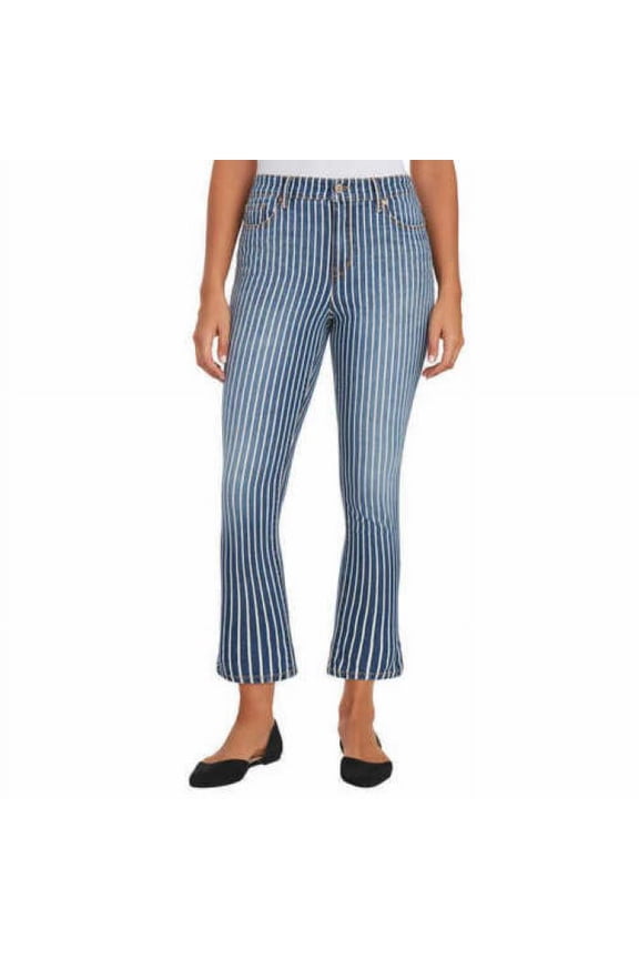 Ladies' Mid Rise Crop Kick Flare Jeans, Blue Stripe Denim 2/26 - NEW