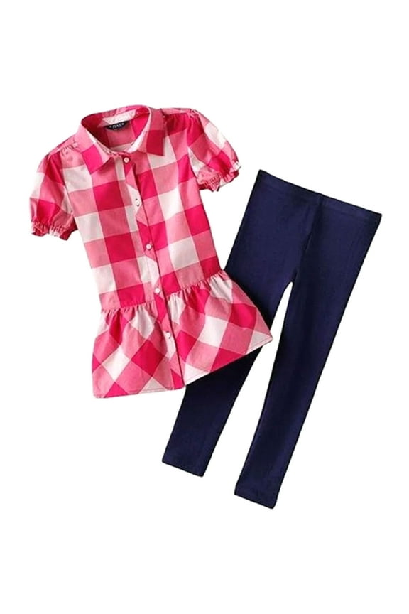 Little Girl's Pink Checkered Shirt & Leggings (Medium 5)