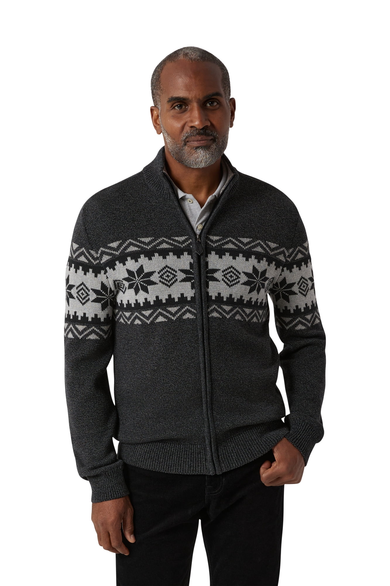 Chaps Men's & Big Men's Fair Isle Chest Stripe Full Zip Cotton Sweater ...