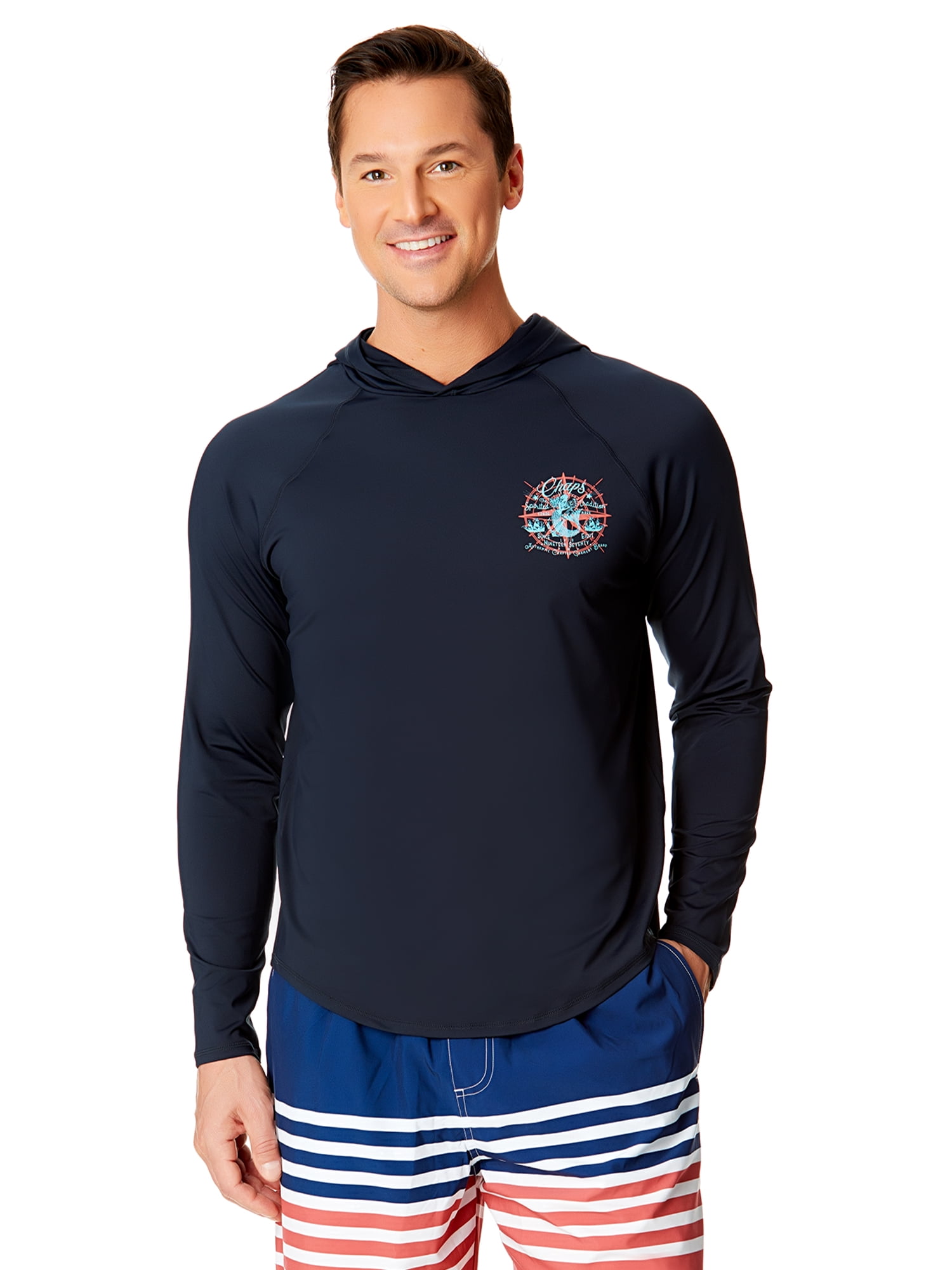 Chaps Men's Long Sleeve Graphic Hooded Rash Guard with UPF 50+, Sizes S