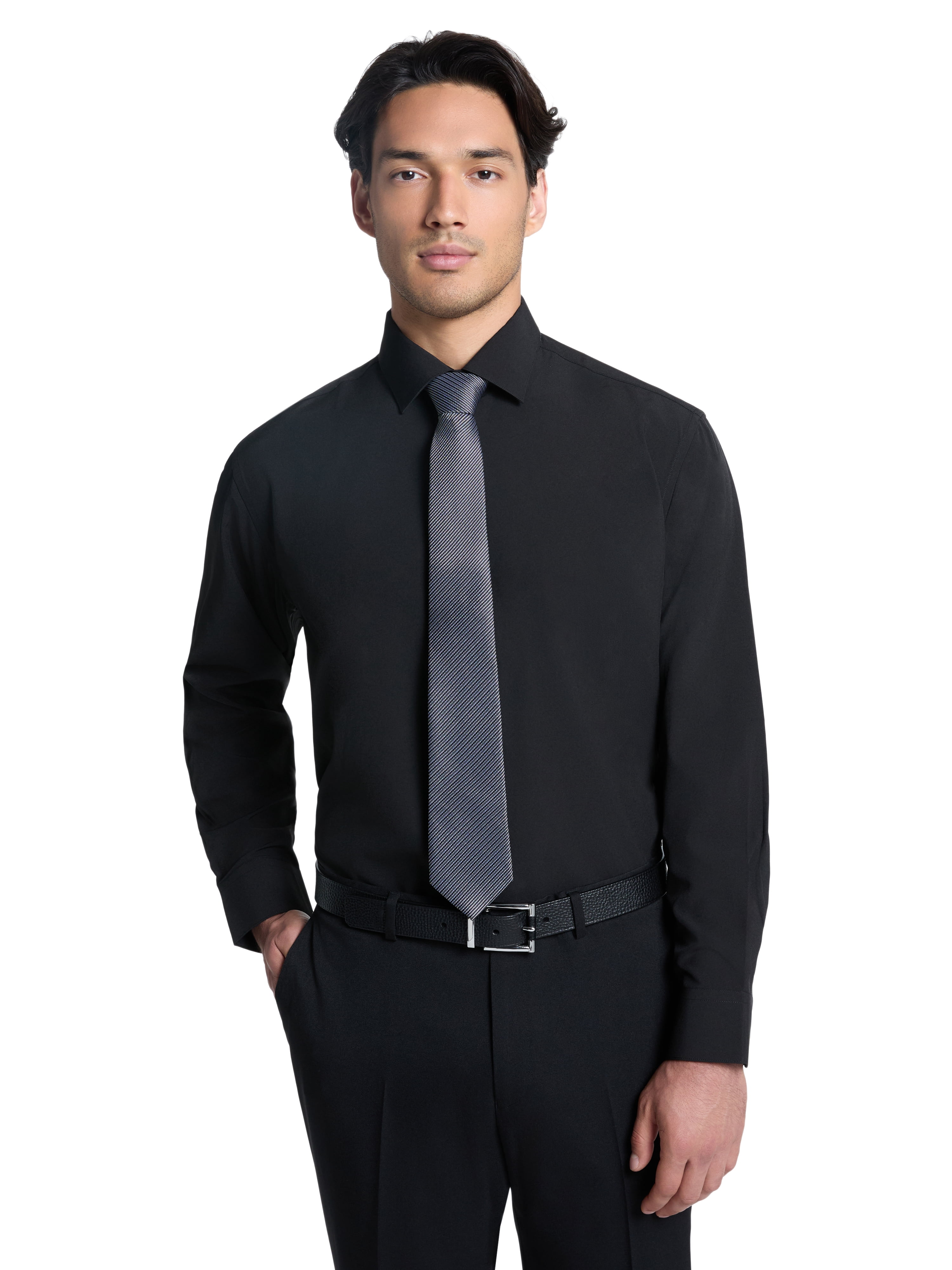 Chaps Men's Shirt and Tie Set, Black Solid / Black Gray Tie, Sizes 14x32-17x34