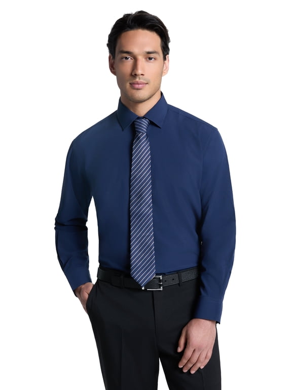 Men's Shirt and Tie Set, Navy Solid / Burgundy Stripe Tie, Sizes 14x32-17x34