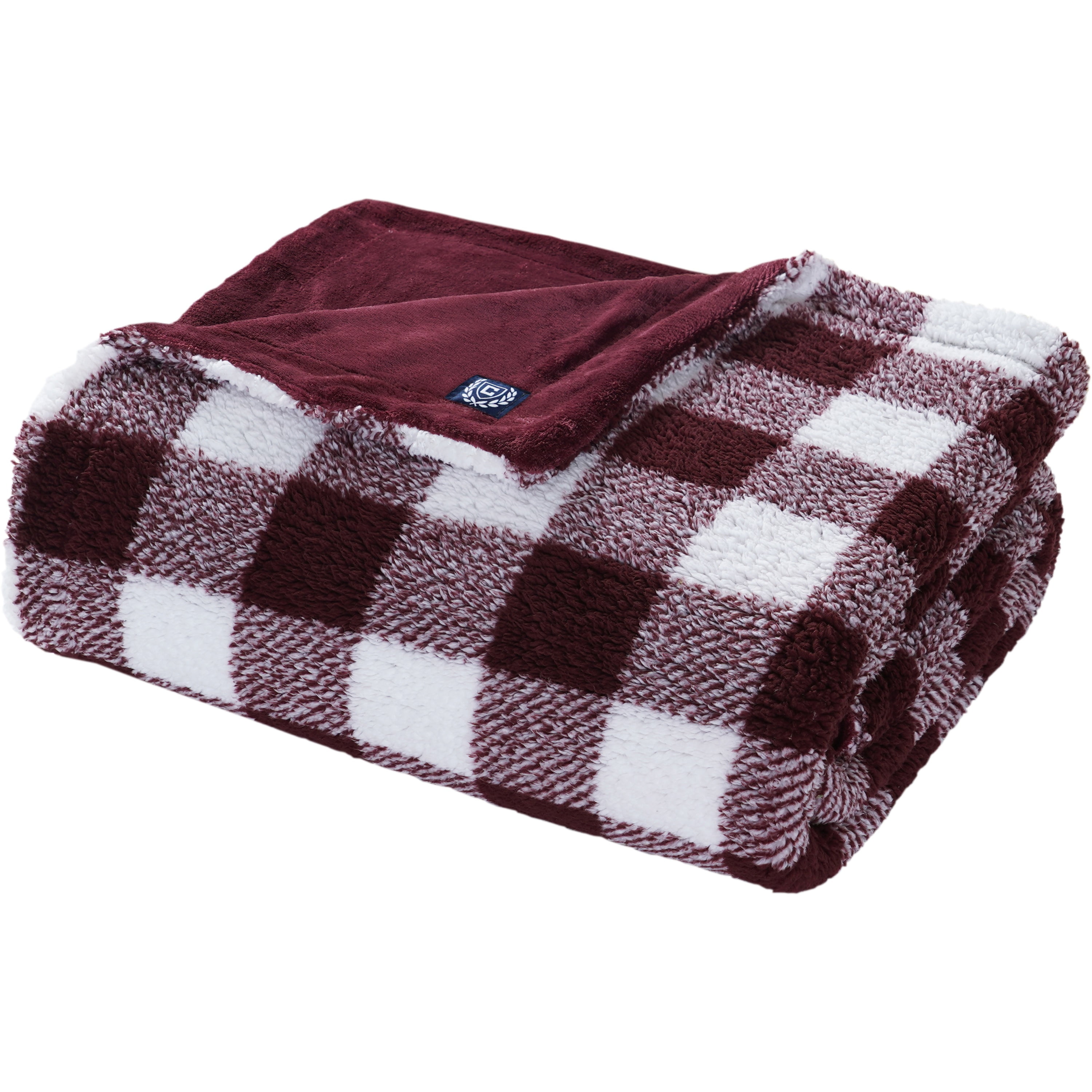 Chaps Plaid Sherpa Bed Blanket Reversible to Solid Plush Red Size