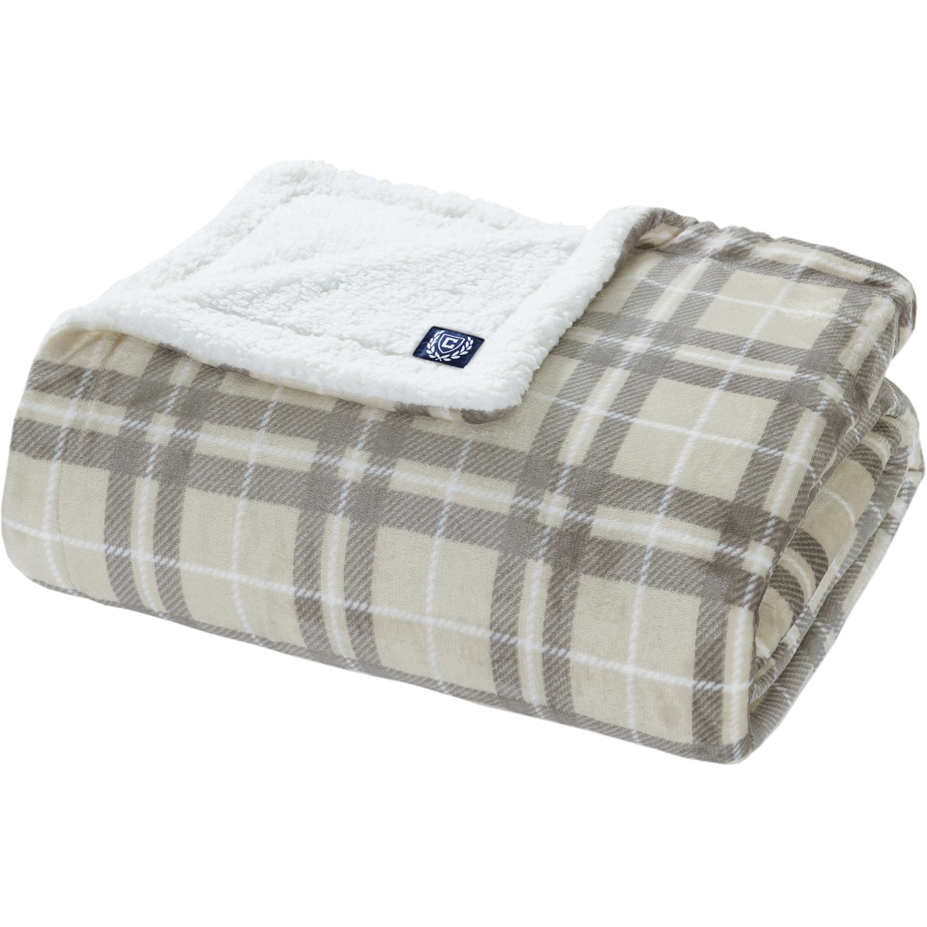 Chaps Sherpa Reverse Plaid Blanket King 90 X 102, Neutral