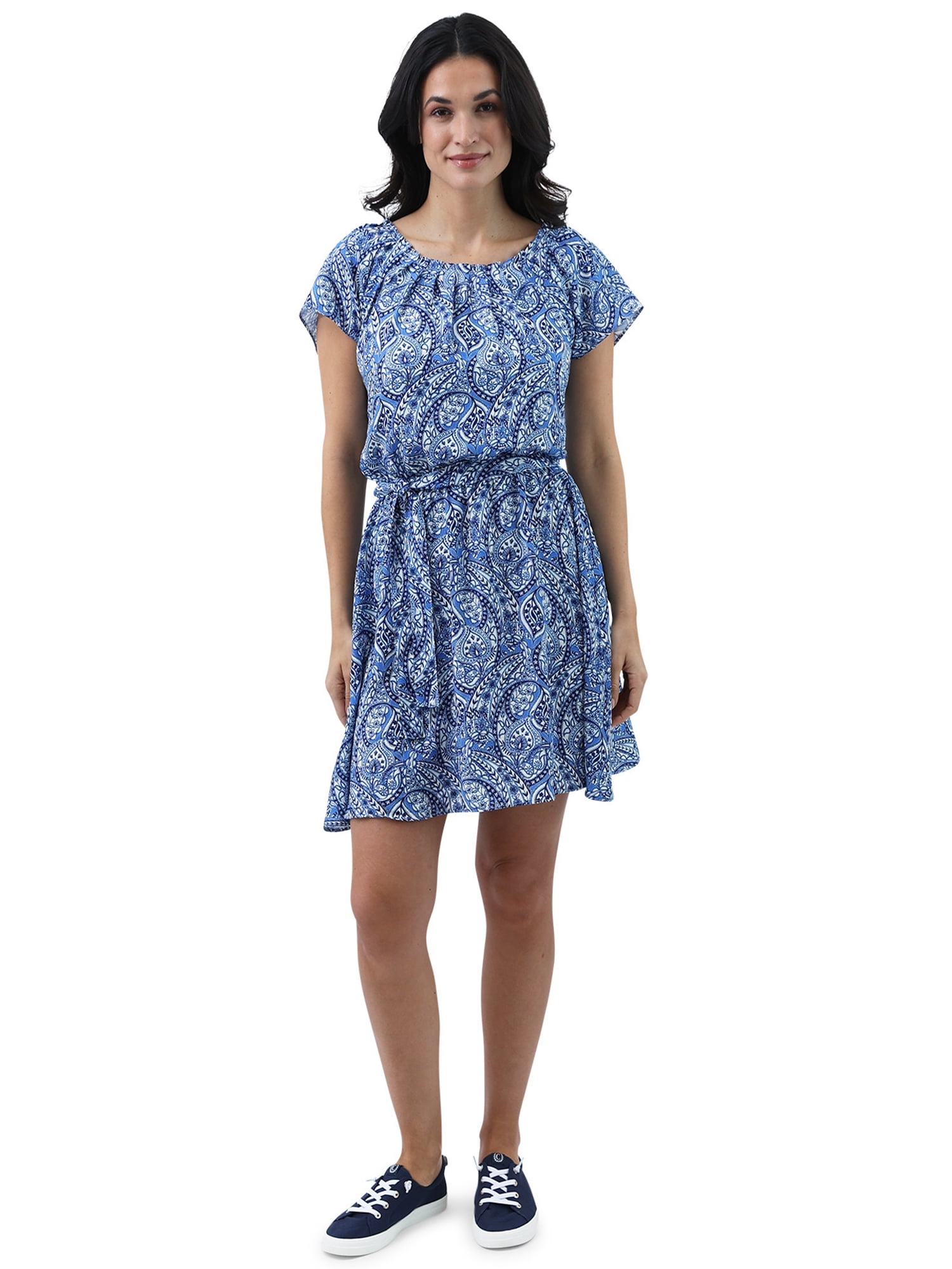 Chaps Women s Pleat Neck Crepe Dress with Removable Belt