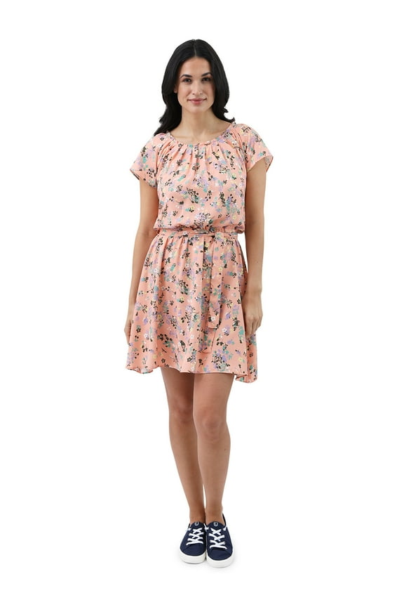 Women's Pleat Neck Crepe Dress with Removable Belt