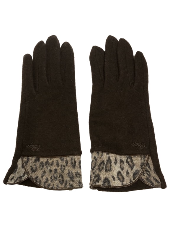 Womens Sleek Chocolate Brown Leopard Print Wool Blend Gloves Small/Medium