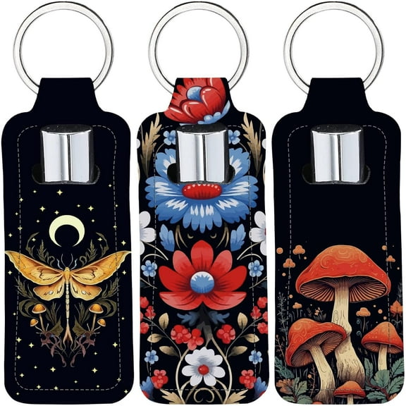 Chapstick Holder Keychain Black Butterfly Mushroom Flower Lip Balm Pouch Rectangle Neoprene Printed Rubber Lipstick Portable Pocket Gloss Case Sleeve for Women Travel Makeup Storage Bag
