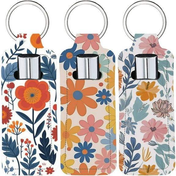 Chapstick Holder Keychain Flowers Lip Balm Pouch Leaves Chrysanthemum Rectangle Neoprene Printed Rubber Lipstick Portable Pocket Gloss Case Sleeve for Women Travel Makeup Storage Bag for DIY