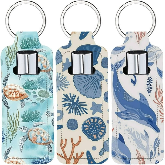 Chapstick Holder Keychain Sea Style Lip Balm Pouch Starfish Dolphin Rectangle Neoprene Printed Rubber Lipstick Portable Pocket Gloss Case Sleeve for Women Travel Makeup Storage Bag