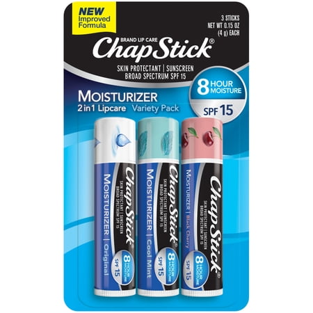 ChapStick Moisturizer Original, Cool Mint and Black Cherry Lip Balm Tubes Variety Pack - 0.15 Oz (Pack of 3)