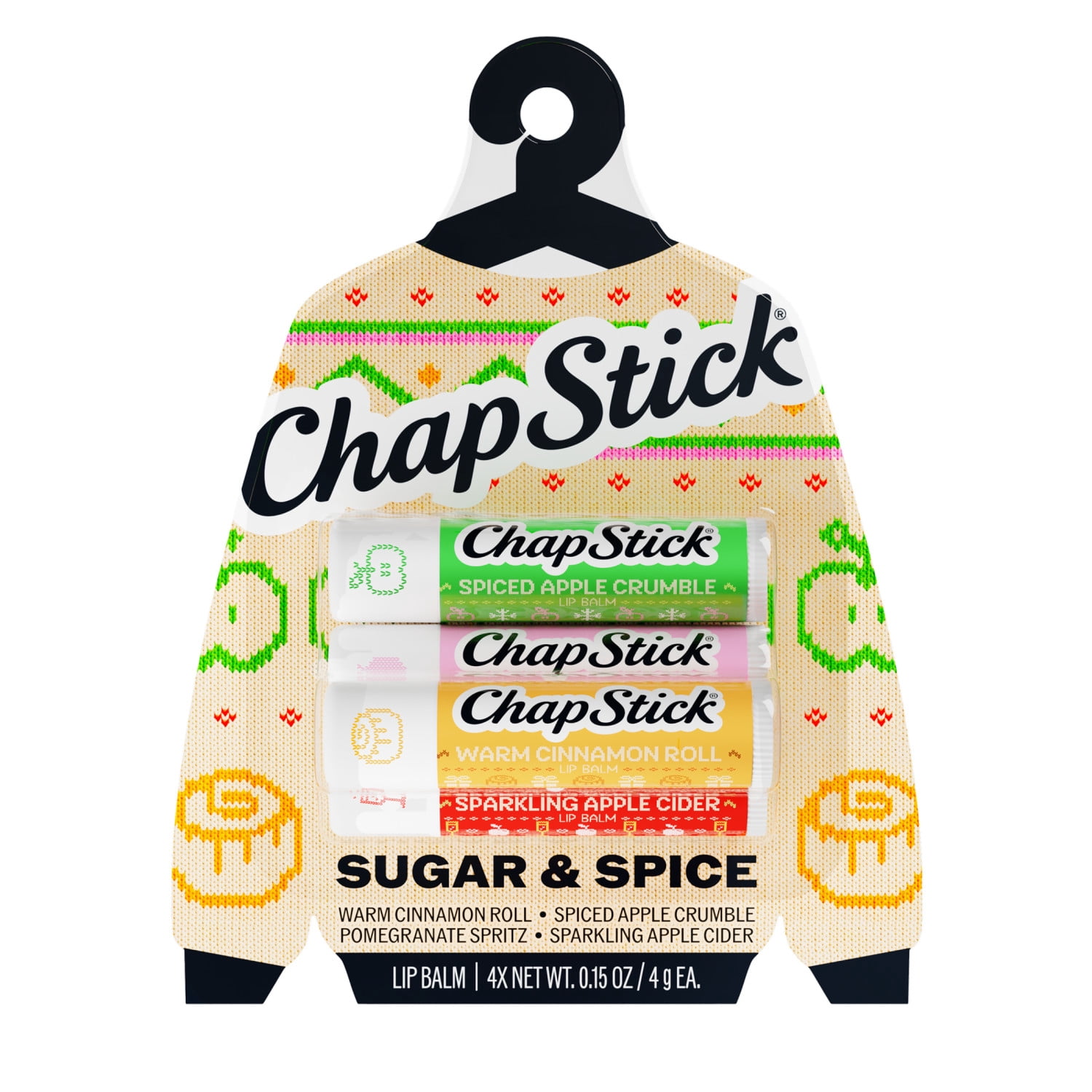 ChapStick Sugar & Spice Flavored Lip Balm Sticks, Variety Pack, Cinnamon Roll, Apple Crumble, Pomegranate Spritz, Apple Cider, 4-Pack, 0.15 oz Each