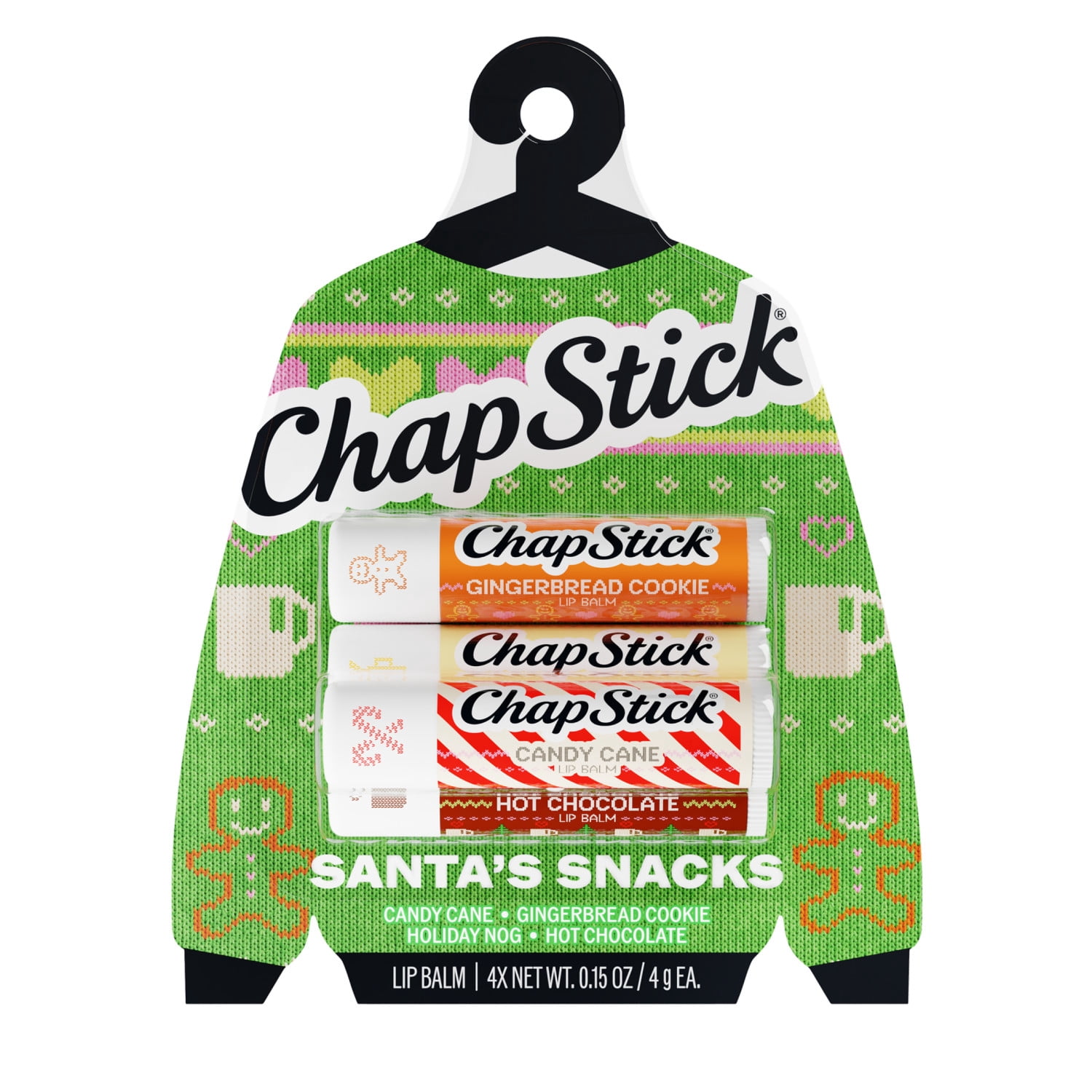 ChapStick Santa's Snacks Flavored Lip Balm Sticks, Variety Pack, Candy Cane, Gingerbread Cookie, Holiday Nog, Hot Chocolate, 4-Pack, 0.15 oz Each