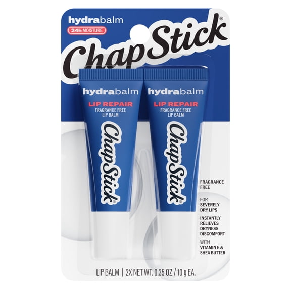 ChapStick HydraBalm Lip Balm Tubes, Fragrance Free with Shea Butter, 2-Count Pack, 0.35 oz