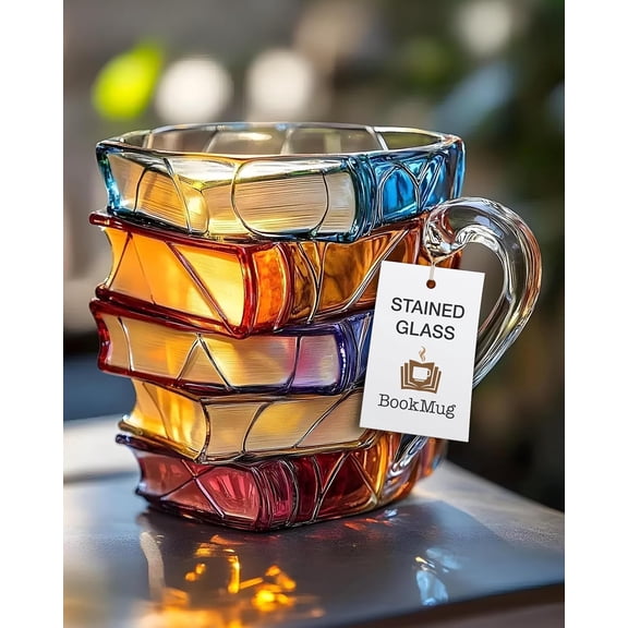 Chapter Book Mug Glass 3D Book Mugs Birthday Gift For Women Stained Glass Cups with Stack Design, Artistic Reading Coffee Cup, Unique Literary Friendship Gifts for Women, Friends & Readers, 7oz