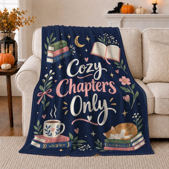 Chapters Only Script Cat Books Reading Nook Autumn, Cozy Pet Portrait Pattern, Warm Flannel Blanket for Living Room and Bedroom, Cat Lovers Thanksgiving Gift, Pet Lover Home Decor