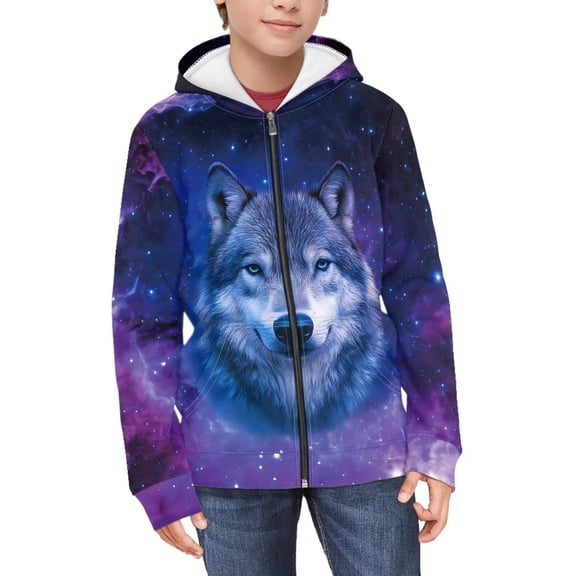 Chaqlin Artist Galaxy Wolf Lightweight Zip Up Hoodie for Boys Girls Long S sleeve with Pockets Comfy Casual Fall Outerwear ​​Size 8-10​​