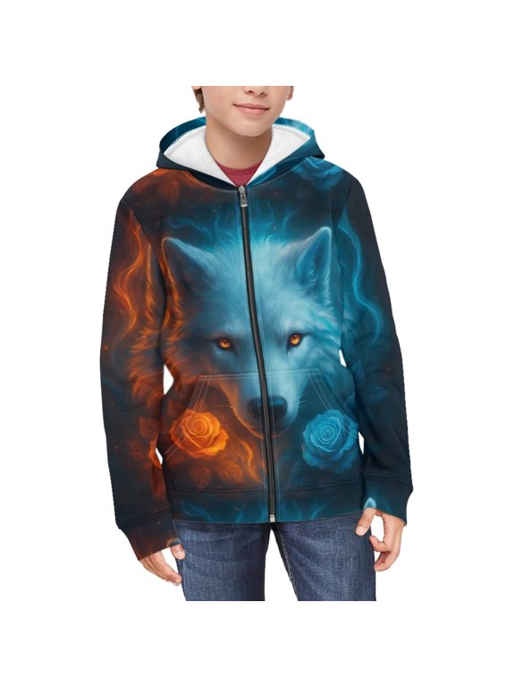 Blue&Orange Rose Wolf Youth Athletic Hoodie Zip Up Long Sleeve with Pockets Lightweight Sports Top for Gym Run Size 10-12