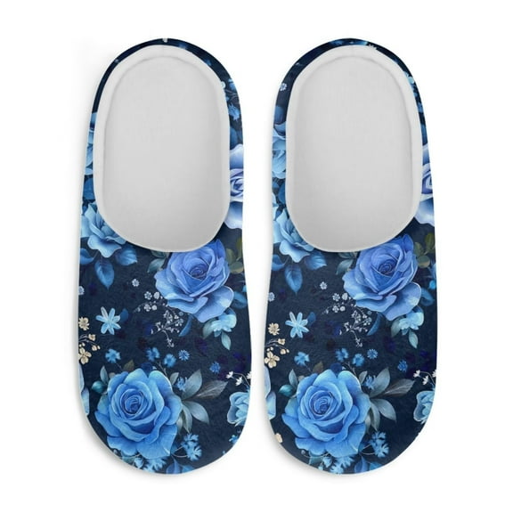 Chaqlin Blue Rose Flower Women's Memory Foam Slippers Plush Fuzzy Soft Non Slip Indoor Outdoor House Shoes Comfortable Sole Lightweight Cozy Warm & Non Slip