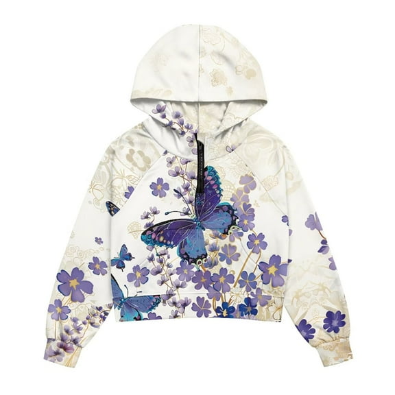 Chaqlin Butterfly Flowers Comfy Casual Pullover Lightweight Athletic Sportswear with Pocket Trendy Fall Jacket Soft Loose Athletic Wear Size 13-14 Purple