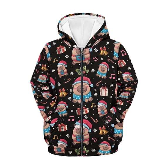 Chaqlin Cartoon Capybara Christmas Gifts Kids Zip Up Hoodie with Pockets Long Sleeve Soft Comfy Casual Outerwear for School Travel Size 13-14