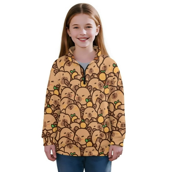Chaqlin Cartoon Capybaras Zipper Sweatshirt for Kids Girls Quarter Zip Up Pullover Lightweight Comfy Casual Long SleeveFall Winter Top Size 13-14