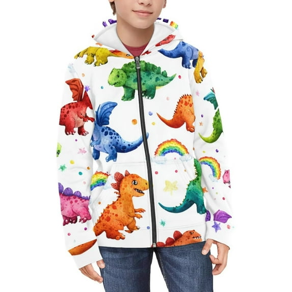 Chaqlin Cartoon Dinosaur Colorful Zip Up Hoodie with Pockets Long Sleeve Lightweight Comfy Casual Outerwear for Girls Teens Size 6-9