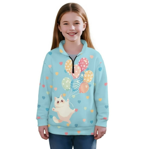 Chaqlin Cat balloon Kids Half Zipper Sweatshirts Lightweight Comfy Casual Athletic Pullover Long SleeveLoose Fit for Fall Winter Daily Use Size 7-8