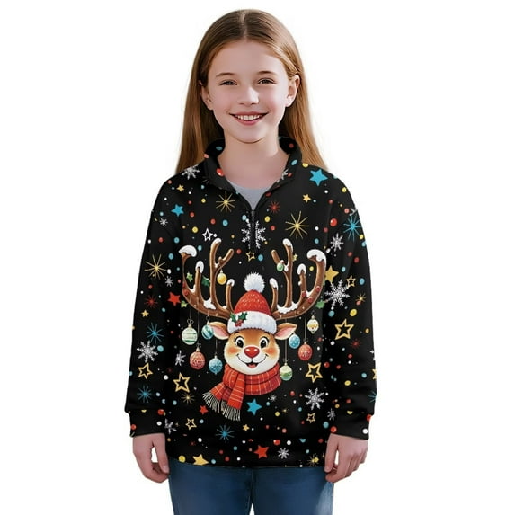 Chaqlin Christmas Reindeer Print Quarter zip Up Sweatshirts for Girls Youth Lightweight Soft Athletic Pullover Long Sleeve Comfy Casual for Daily Wear Size 7-8