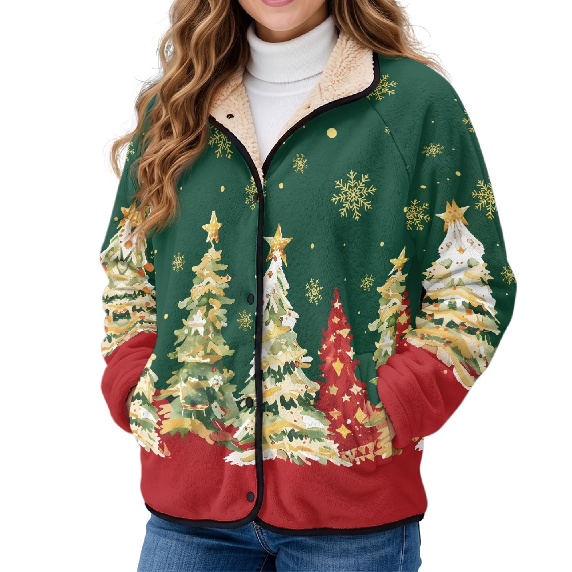 Chaqlin Christmas Tree Fleece Jackets Women Button Fuzzy Sherpa Warm ...