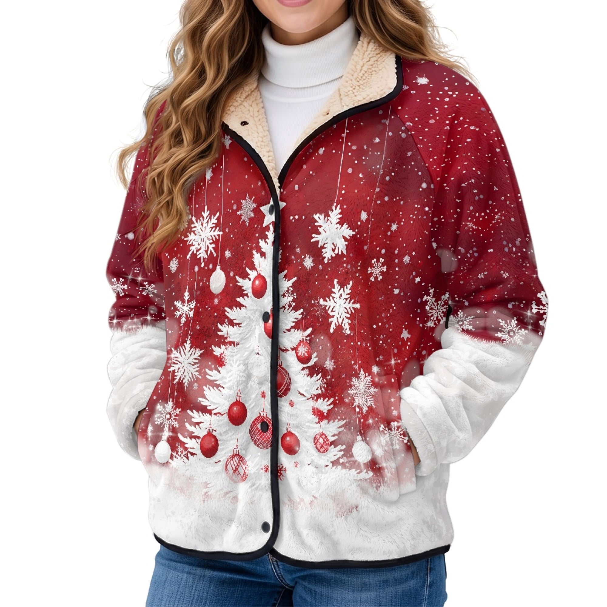 Chaqlin Christmas Tree Women Button Sherpa Fleece Coat Stand Collar ...