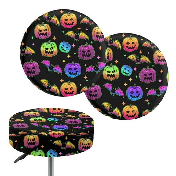 Chaqlin Colorful Pumpkin Head Bat Round Bar Stool Covers 2-Pack, Vibrant 3D Pattern Stretch Fabric Seat Covers, Machine Washable Slipcovers for 12-16 Inch Round Stools 12 Inch Stools Cover