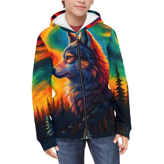 Chaqlin Colorful Sky Wolf Teen Girls Casual Hoodie Long Sleeve Soft with Pockets Loose Comfy Pullover for Daily Wear ​​Size 12-14​​