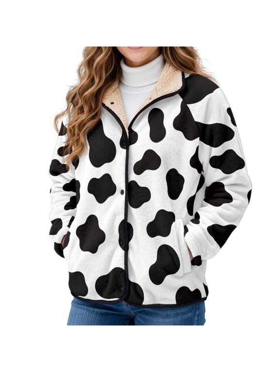 Cow Spot Print Womens Sherpa Fleece Jacket Button Down Lapel Coat