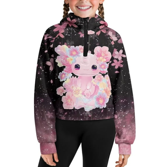 Chaqlin Cute Axolotl Cherry Blossom Quarter Zip Up Sweatshirts for Kids with Pocket Oversize Plus Size Cozy Sweatshirt for Camping Fishing Weekend Size 13-14