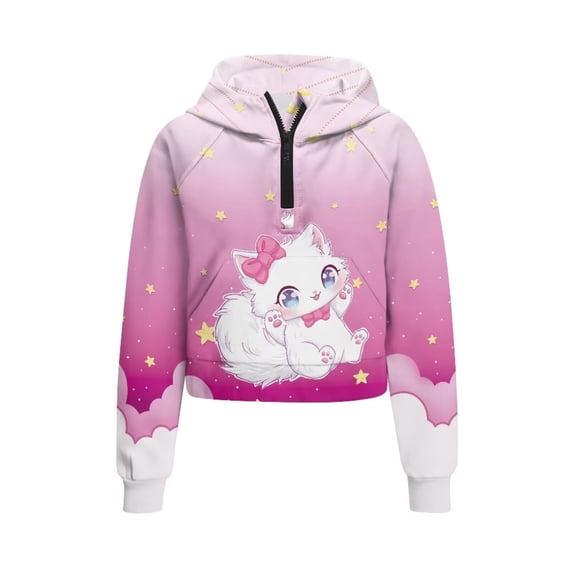 Chaqlin Cute Kitty Star Print Girls Quarter Zip Up Sweatshirt with Pocket Oversize Plus Size Long Sleeve Comfy Casual Top for Fall Winter Size 9-10 Pink