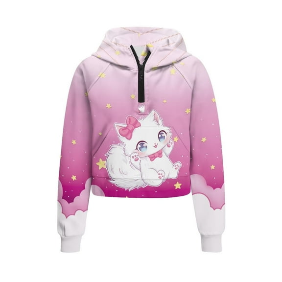 Chaqlin Cute Kitty Star Print Teen Girls Zipper Sweatshirt with Pocket Trendy Fall Pullover Cozy Sweatshirt for Weekend Travel Wear Size 13-14 Pink