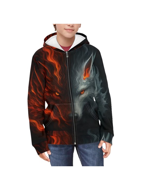 Flame Cool Wolf Boys Casual Zip Up Jacket Hooded Long Sleeve with Pockets Lightweight Sporty Top Kids Size 10-12