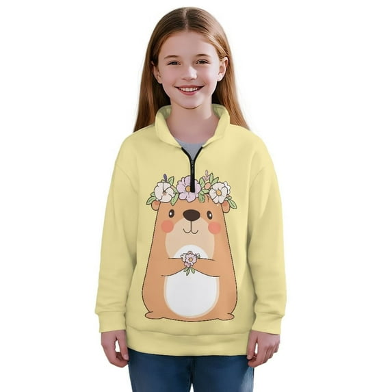 Chaqlin Flower Cartoon Capybara Zipper Sweatshirt for Kids Girls Quarter Zip Up Pullover Lightweight Comfy Casual Long SleeveFall Winter Top Size 9-10
