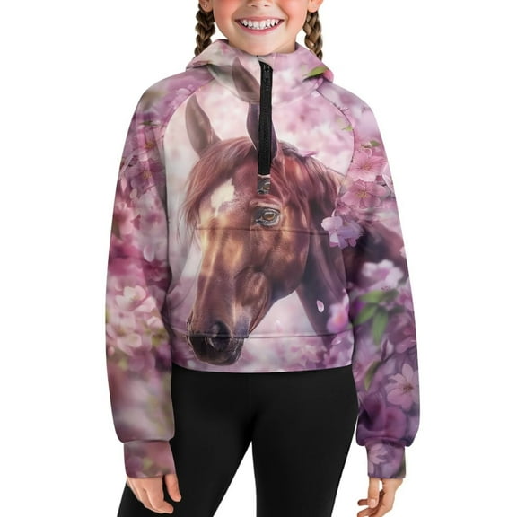Chaqlin Flower Horse Half Zipper Pullovers for Girls with Pocket Long Sleeve Lightweight Sweatshirt Trendy Sporty Top Gym Daily Use Size 7-8 Pink